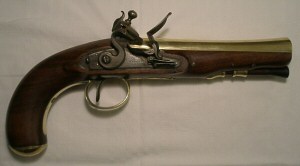 Click to enlarge a brass barrelled flintlock blunderbuss pistol by Moore